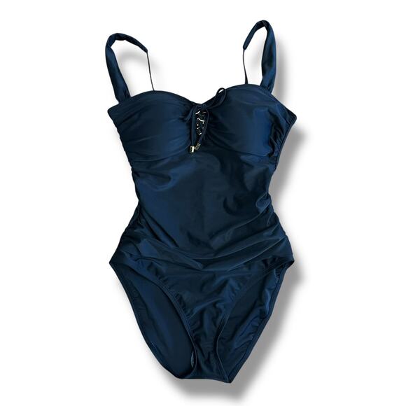 Bleu Rod Beattie Black One‎ Piece Swimsuit Women’s Size 8 Ruched Lace Up Bust - Picture 1 of 10